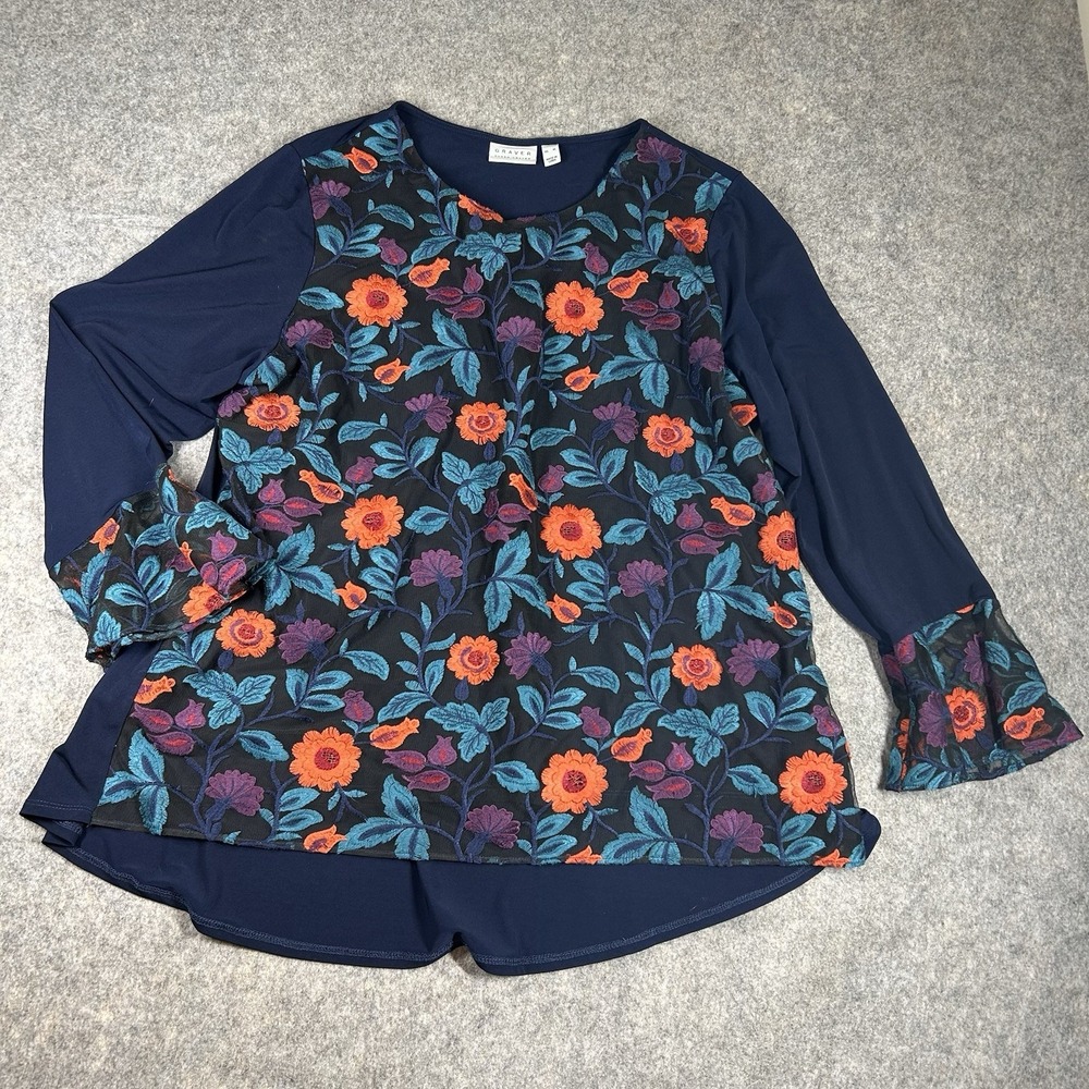 Susan Graver Womens XL Garden Floral Embroidery Bell Sleeve Slinky Knit Top